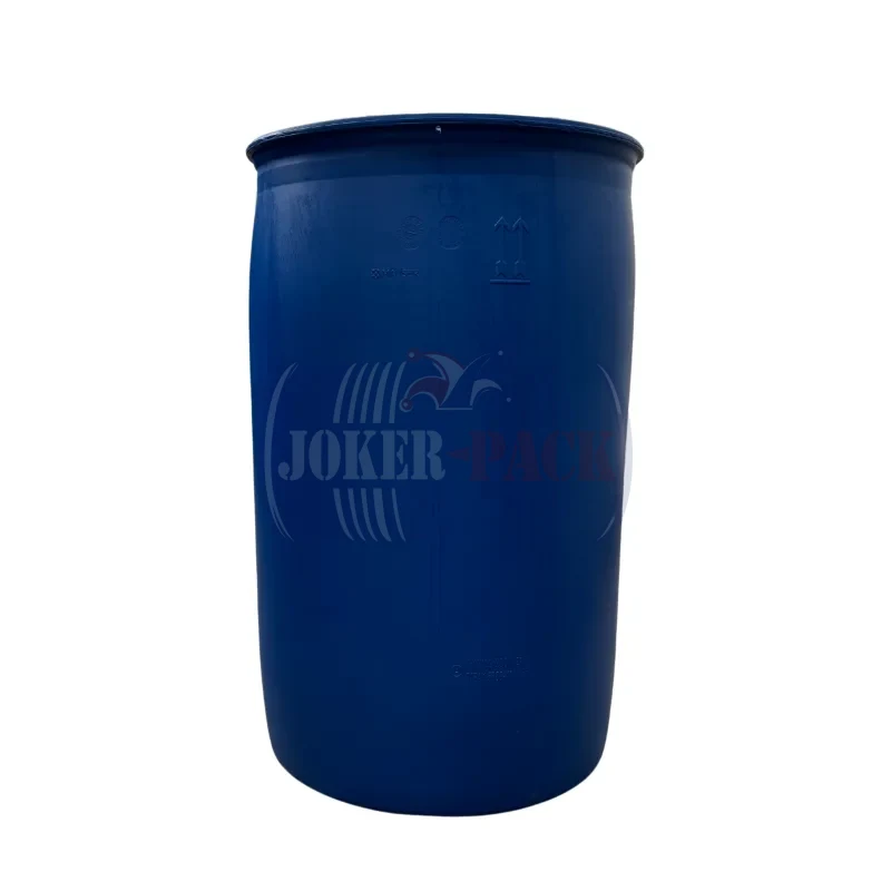 SCHÜTZ or Mauser 220-liter washed, blue-colored, fixed-top tri-sure closure plastic drum, UN certified,